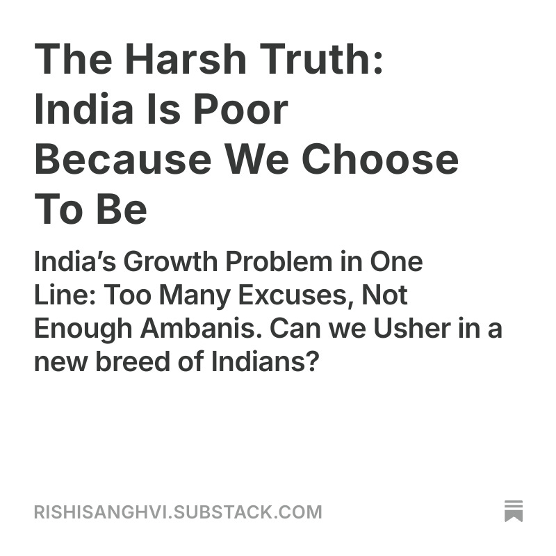 rishisanghvii's tweet photo. We’d rather be equally poor than unequally rich.
And that mindset keeps India stuck.

What if we created a generation obsessed with growth instead of fairness?

Check out my latest article 👇
https://t.co/hv00damcI6 https://t.co/8bnOoQPYxG