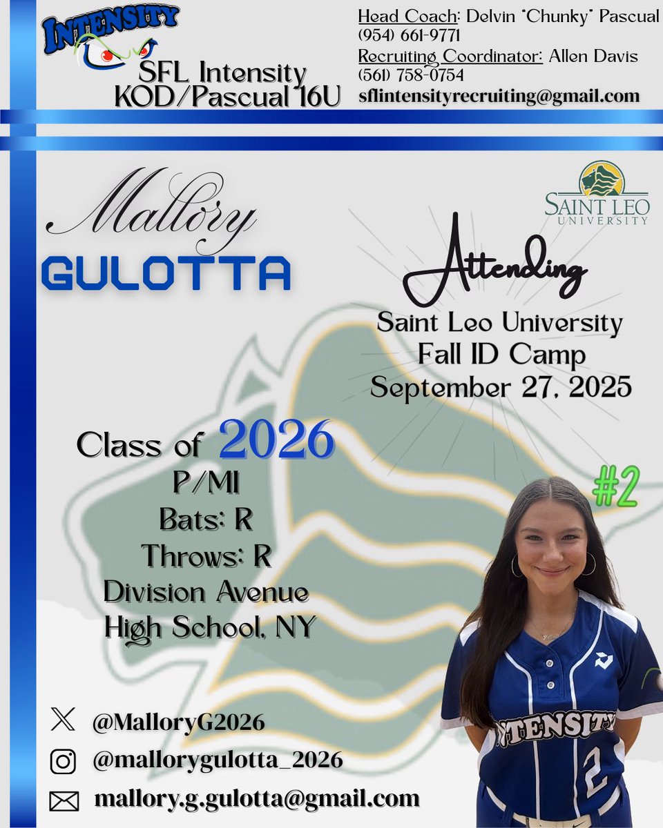 SFLIntensityKOD's tweet photo. 🥎🥎Camp Alert 🥎🥎
Want to wish @MalloryG2026 luck today as she attends @SaintLeoSB Fall ID camp. @saintleocoach https://t.co/c66ynXBPn4