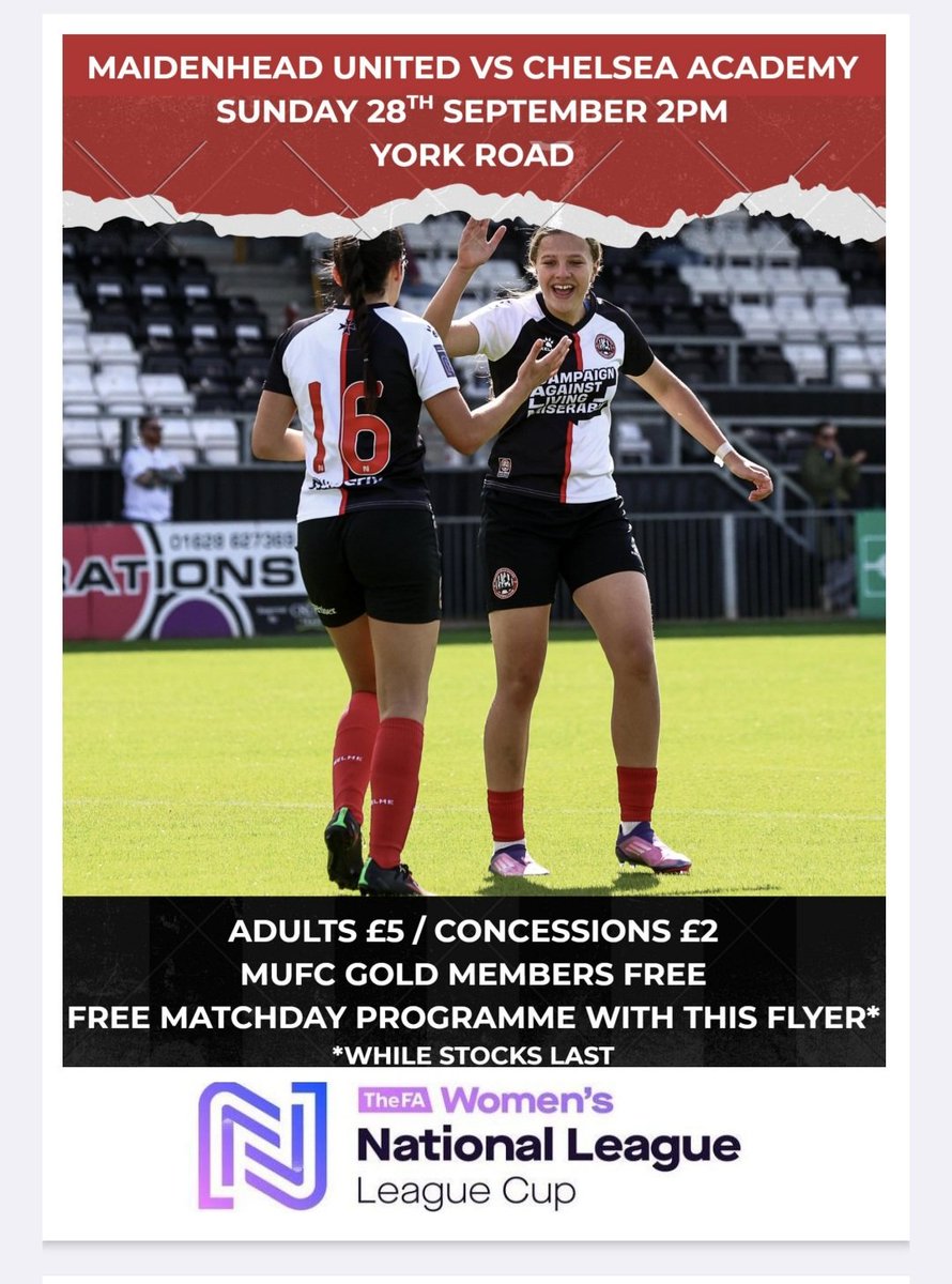 Maidenhead United Women are taking on the future stars of Chelsea in a leauge cup game tomorrow (Sunday 28th September) at York Road 2pm KO 

Free entry with attached flyer (inc digital version)