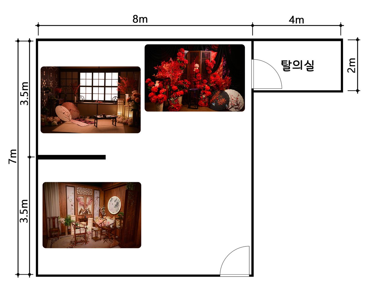 [ B룸 ] 동양풍 🪭 
1시간 / 30,000원

✅ 무료 장비 
순간광 조명 2대 (포토레이 300)
지속광 조명 2대 (아마란 150c)
스모그 머신 1대

👉 사진상의 모든 배경 이용 가능
👉 다다미방 창문 색온도/밝기 변경 가능