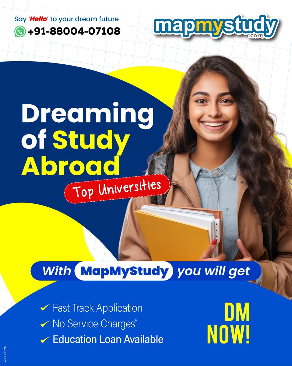 mapmystudy50044's tweet image. 🌍 Dreaming of studying abroad? 🎓
With MapMyStudy, your journey is simple &amp;amp; stress-free!

✅ Fast Track Applications
✅ No Service Charges*
✅ Education Loan Help

📲 DM us or WhatsApp +91-88004-07108
🚀 Don’t just dream it, live it!
#StudyAbroad #MapMyStudy