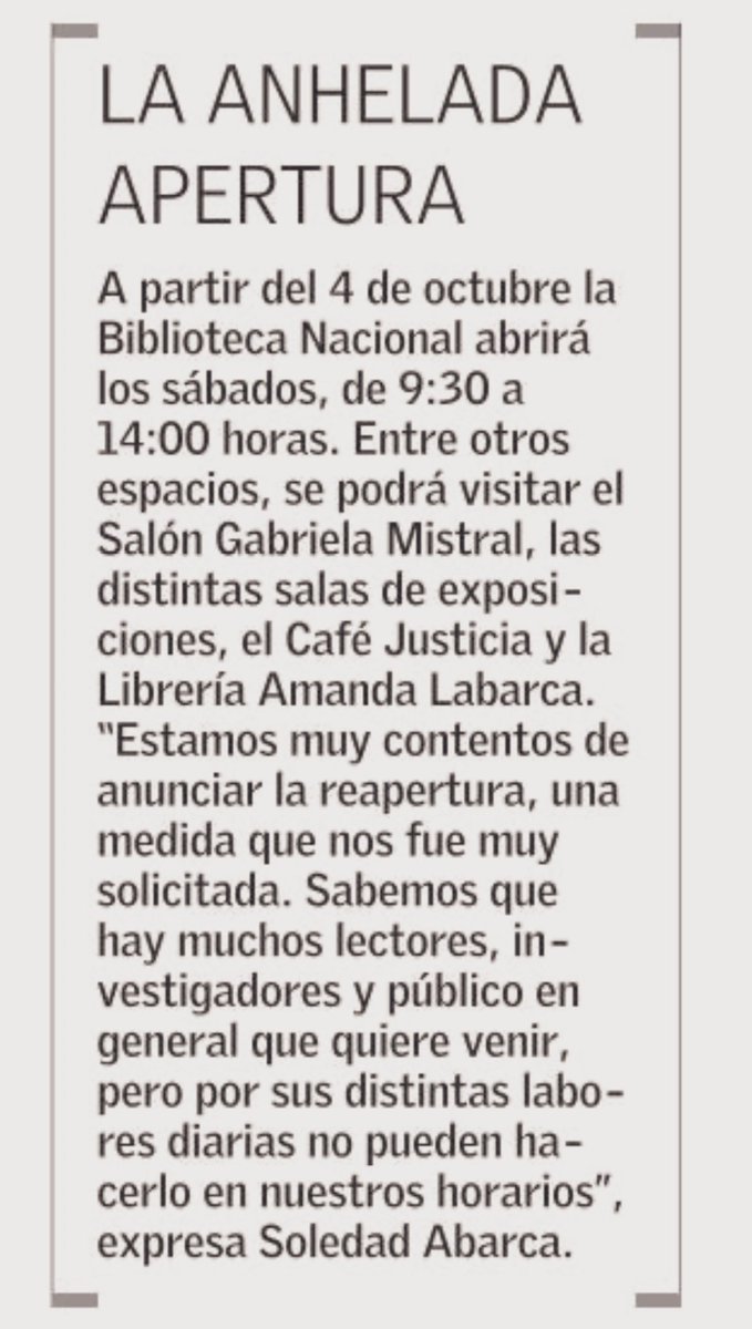 <a href="/BNChile/">Biblioteca Nacional</a> <a href="/FCEChile/">Fondo de cultura económica Chile</a> Excelente noticia <a href="/solabarca/">Soledad Abarca</a>