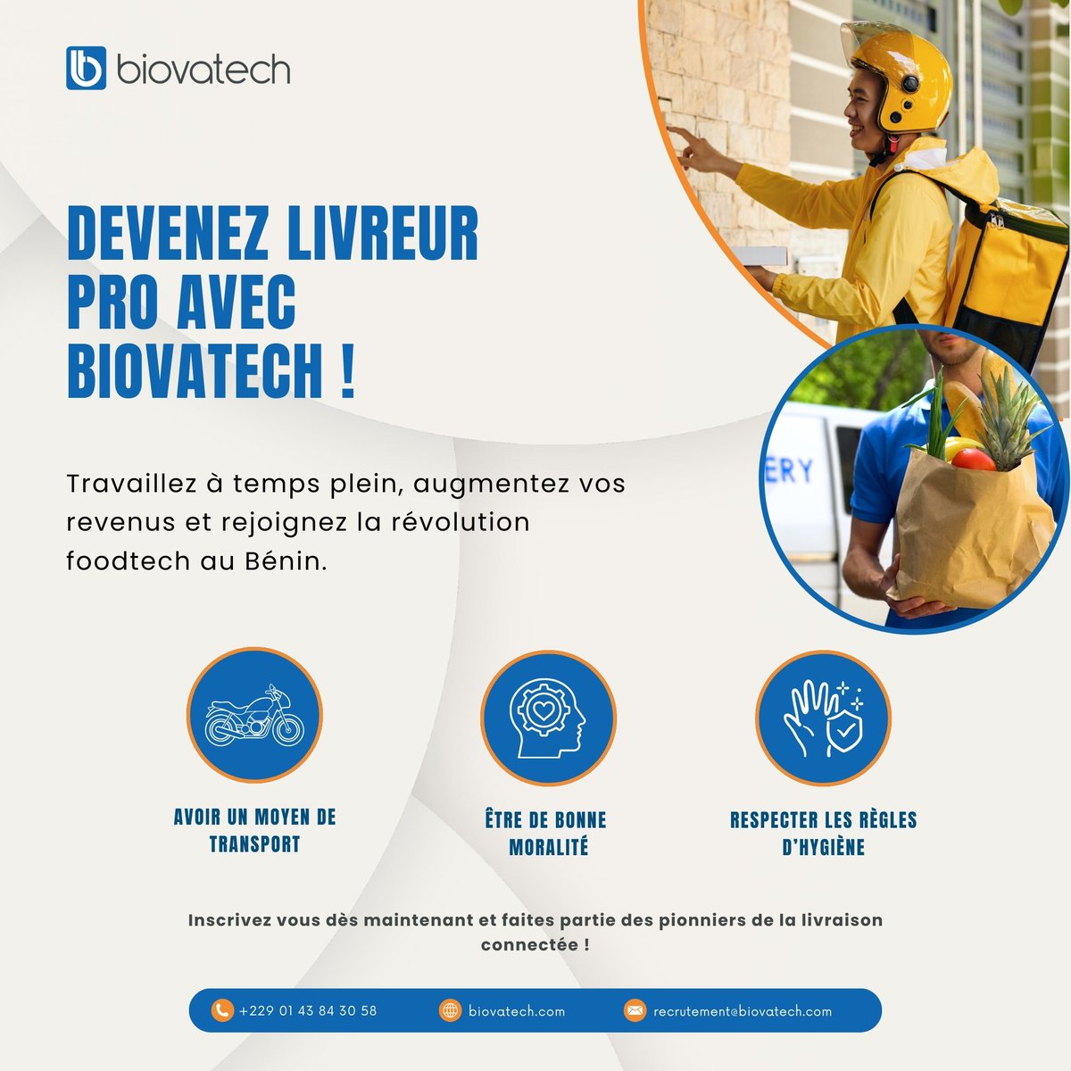 BiovaTech's tweet image. Vous cherchez une activité stable, rentable ? Rejoignez notre équipe de livreurs professionnels🚴🏾‍♂️Condition : avoir un moyen de transport. 📷 Postulez en contactant le numéro sur l’affiche ou en envoyant votre CV et pièce d’identité au mail recrutement@biovatech.com ou+22943843058