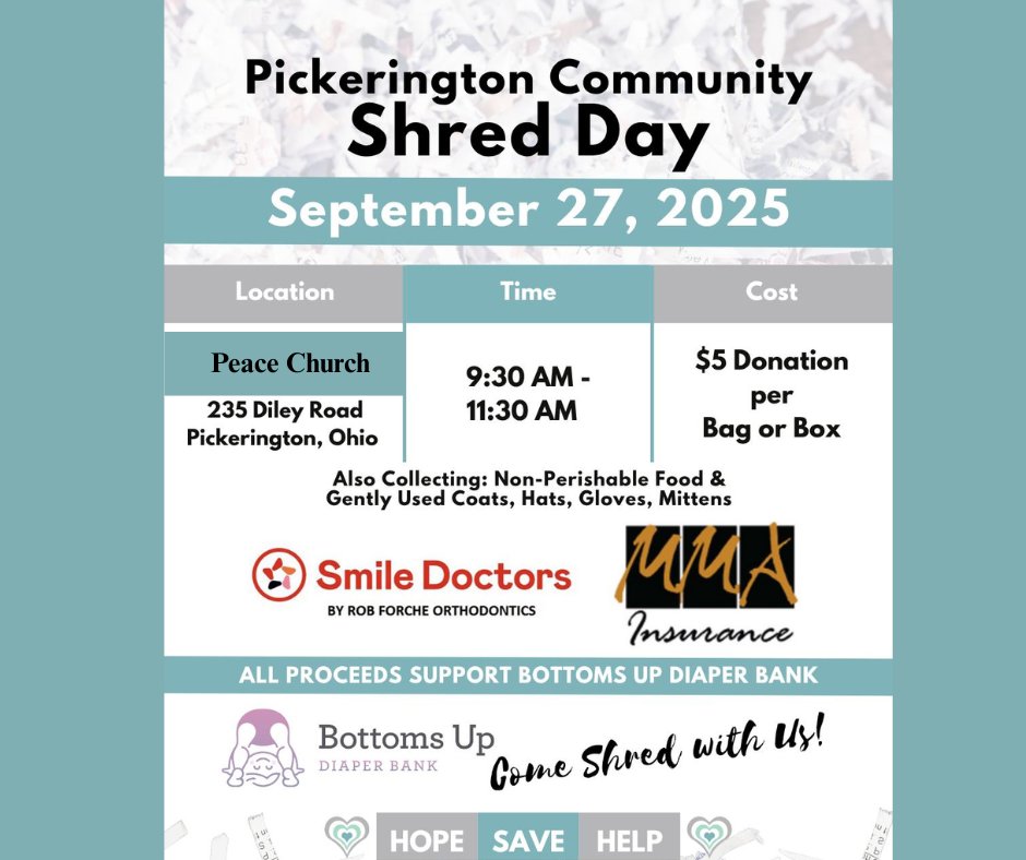 MMAInsuranceOH's tweet photo. 📌 Today! Today! Shred Day 2025 is today, Saturday 9/27 📌

#Pickerington #ShredDay #diapers
#BottomsUpDiaperBank #pickerington
#MMAInsurance #SmileDoctorsOrthodontics-Pickerington https://t.co/R3RXTcq6cU