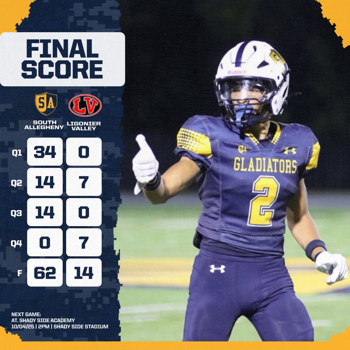HISTORY MADE 🏈🔥
SA 62  Ligonier Valley 14
SA 6-0, 1st time in 59 yrs!
🔥 Alijah Cook: 2 TD passes (to Drew Cook + K'ymair Brown) + 1 rushing TD
🔥 Drew Cook: 2 Pick Sixes 🏃‍♂️➡️
🔥 Tyrone Claytor: 3 blocked punts 🚫 + 1 TD
🔥 Joey Gamret: 2 rushing TDs 💨
Undefeated-Unstoppable!