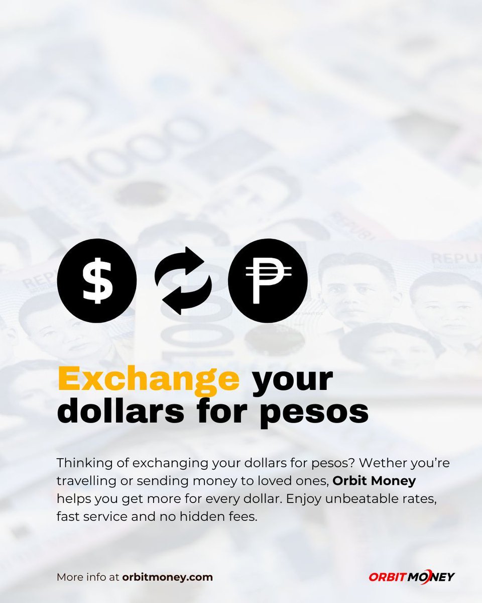 Exchange dollars → pesos with Orbit Money!
Cambía dólares → pesos con Orbit Money!

⚡ Best rates / Mejores tasas
🔍 No hidden fees / Sin comisiones ocultas
👉 orbitmoney.com

#OrbitMoney #DollarToPeso #MoneyTransfer #CurrencyExchange