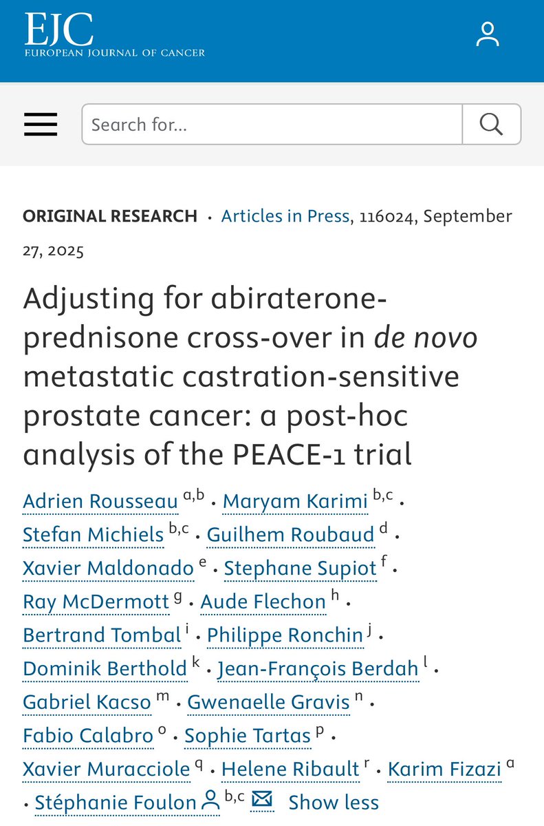 PEACE-1 Trial Update:
Phase III trial in de novo mCSPC: upfront abiraterone-prednisone significantly improved OS (HR=0.82).
👉Among 589 control pts, 183 crossed over to abiraterone post-progression. Adjusted HRs (RPSFTM, IPCW, TSE) remained consistent, confirming survival benefit