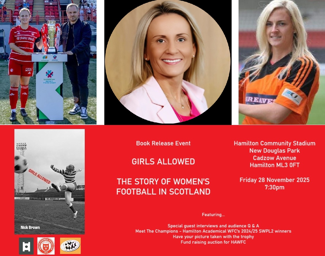 Book launch event at New Douglas Park featuring special guests from the world of women's football

Do not miss out!

Event proceeds go to <a href="/accieswfc/">Hamilton Academical Womens Football Club</a> 

Tickets here...
ticketsource.co.uk/whats-on/hamil…
 
<a href="/SheKicksMag/">She Kicks - women's football magazine</a> <a href="/beyond_pitch/">Beyond The Pitch</a> <a href="/daisygh02/">Daisy Goodhand</a> <a href="/Since71Blog/">Since 71</a>