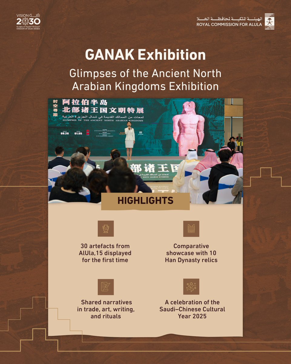 RCU_SA's tweet photo. @RCU_SA, in collaboration with the Shang Dynasty Capital Site Museum, launches the “Glimpses of the Ancient North Arabian Kingdoms” exhibition in Henan, China. Showcasing 30 artefacts from #AlUla, including 15 never before seen pieces, alongside Han Dynasty treasures, the exhibition celebrates cultural diplomacy and highlights AlUla’s role in heritage preservation and cultural exchange under #SaudiVision2030.