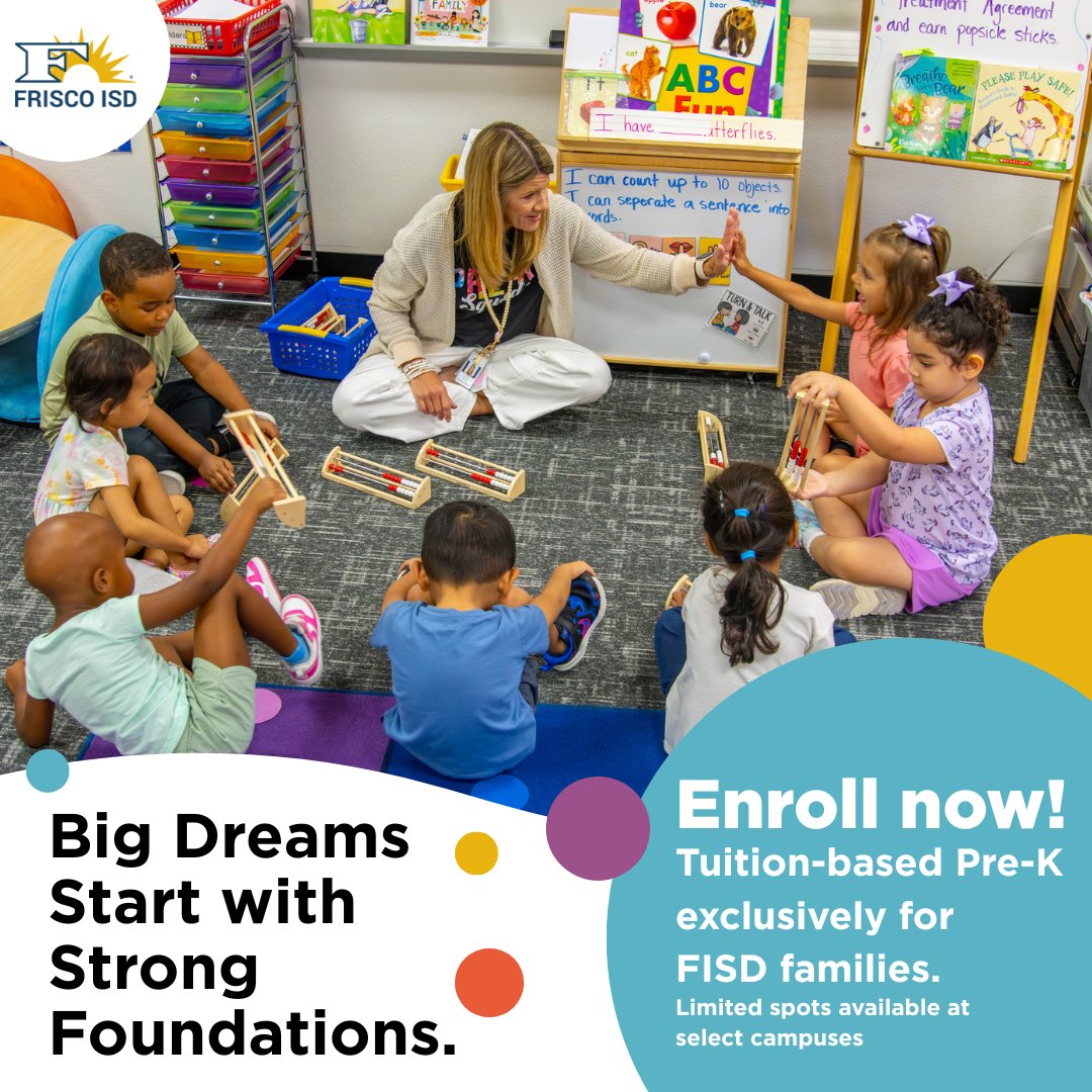 Frisco families: Looking for exceptional Pre-K for your little one? Our new tuition-based program offers the quality education Frisco ISD is known for, starting at age 4. Give them the foundation they deserve!

Visit Friscoisd.org/pre-k to learn more.