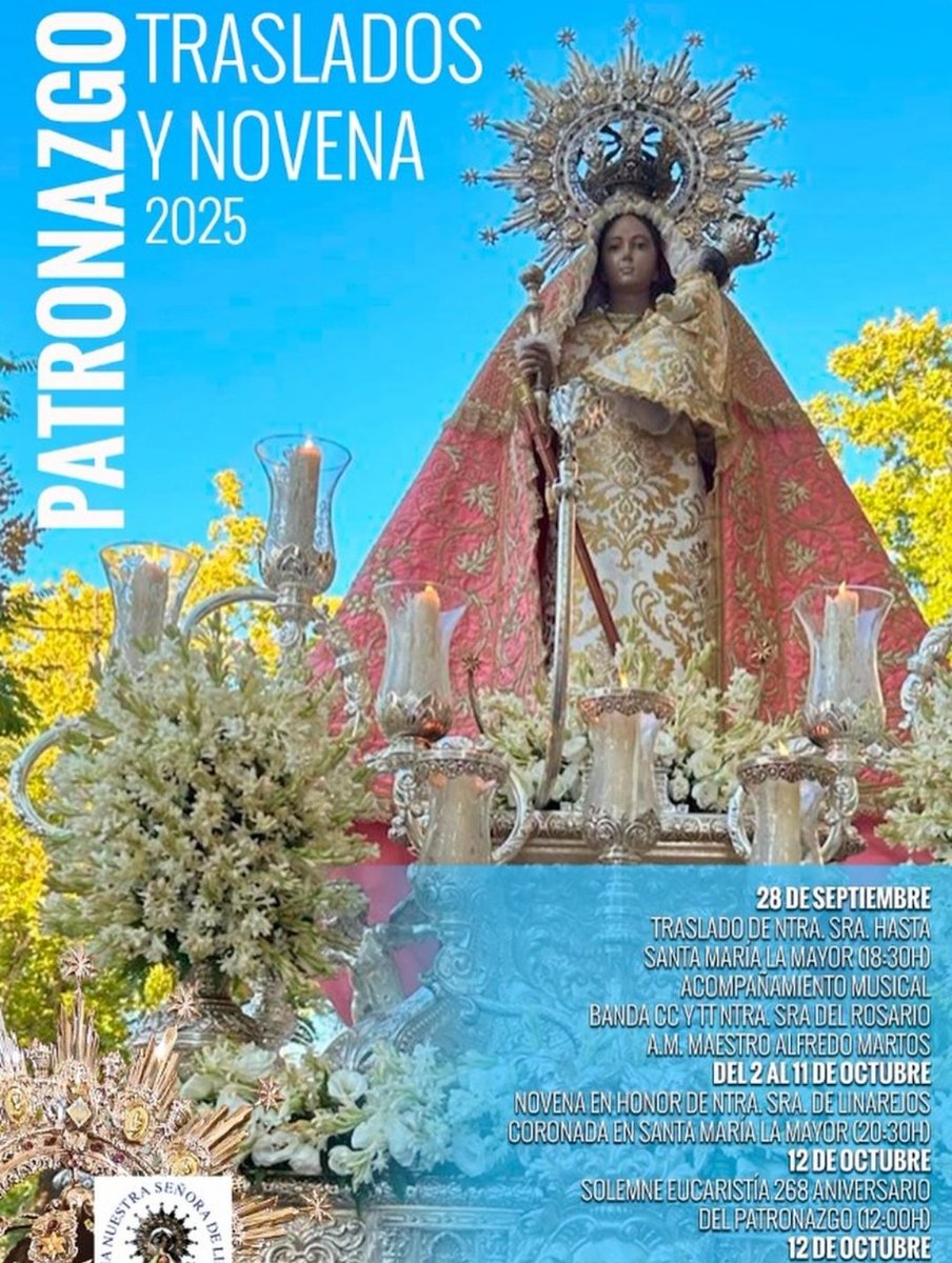 TRASLADOS

Este Domingo Nuestra Patrona realizará el tradicional traslado hacia 🕍 Basílica de Santa María 

Acompañara Rosario de Linares y Alfredo Martos 

Más información ⬇️
