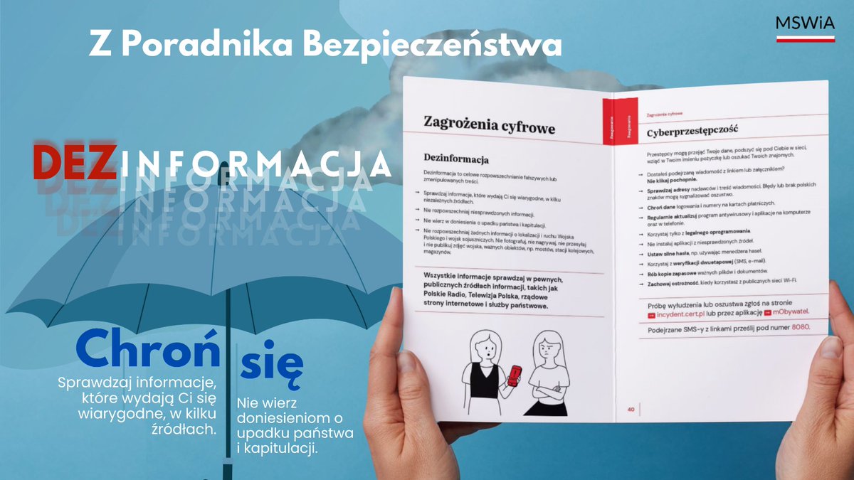 💻 Bezpieczeństwo to nie tylko wojsko i granice. To także codzienna czujność w Sieci! ⚠️

Dezinformacja, cyberataki, zagrożenia hybrydowe w ostatnim czasie spadają na nas niczym ulewne deszcze 🌧️. Tak jak przed deszczem chronimy się parasolem, tak przed manipulacją musimy mieć