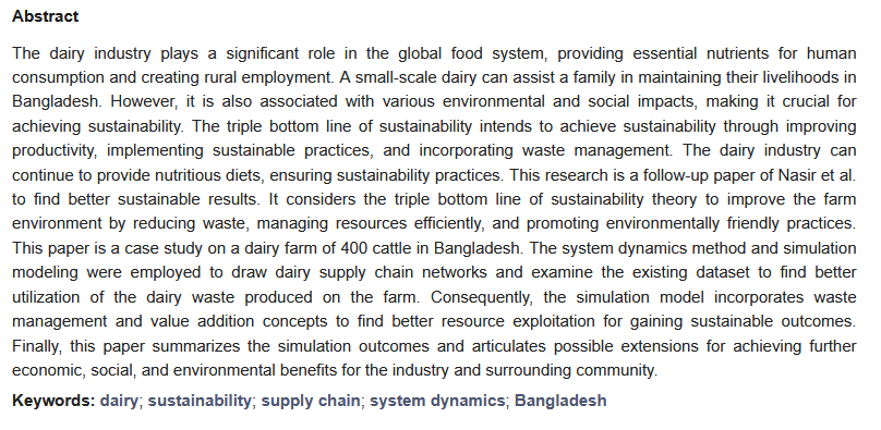 Sus_MDPI's tweet image. Popular paper! 📄✨

📖 A Sustainable Supply Chain Framework for Dairy Farming Operations: A System Dynamics Approach 

🔗 brnw.ch/21wW90N

#SupplyChain #SustainableSupplyChain #DairyIndustry #Sustainability #DairyFarming