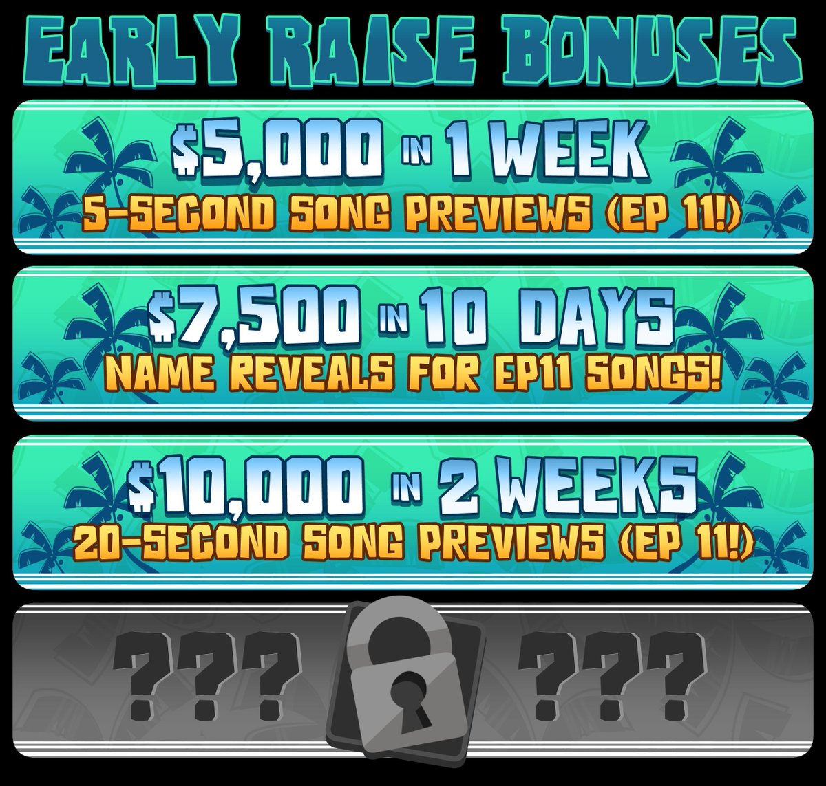 🏝 Check out our new early raise bonuses for the #RealityResort Kickstarter campaign! Last night, we crossed $5,000 meaning we'll release 5-second song previews!

🔹 We're so excited to share Episode 11 with everyone, so if you'd like some sneak peeks at the songs, help us