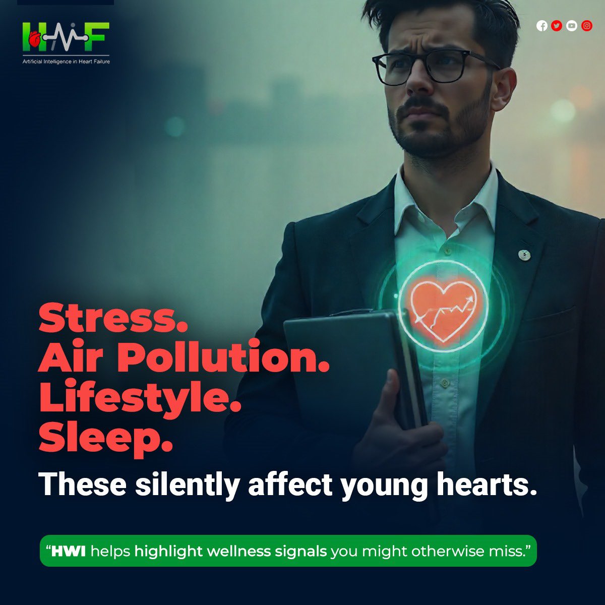 HaifTech's tweet image. Stress. Air pollution. Lifestyle. Sleep. These silently affect young hearts. HWI helps highlight wellness signals you might otherwise miss.

#HAIF #WorldHeartDay #HeartFailureAwareness #BreakTheSilence  #TogetherWeLaunch #InnovationForHearts #NewBeginnings