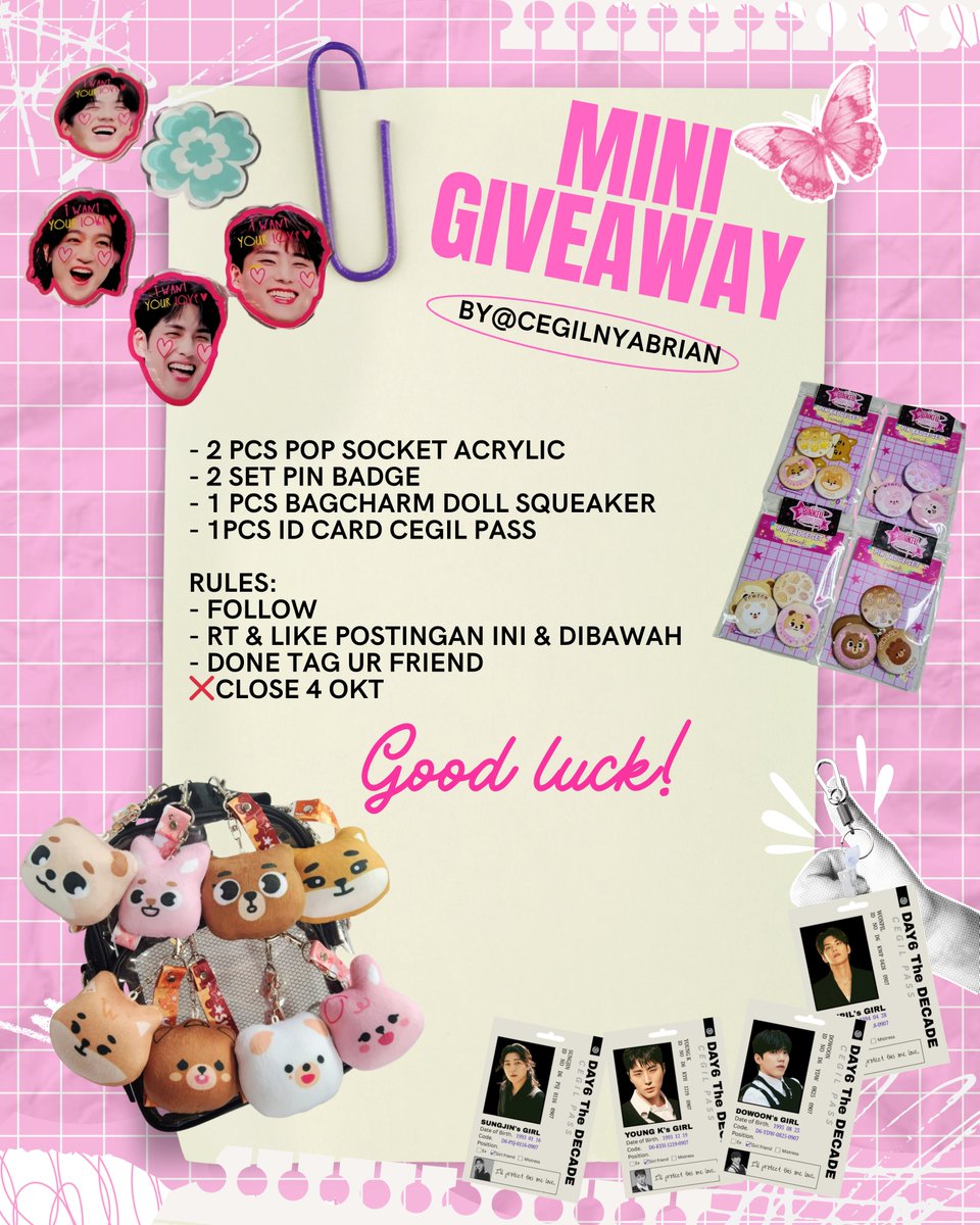cegilnyabrian's tweet photo. Mini Giveaway by @cegilnyabrian
- 2 pcs pop socket acrylic
- 2 set pin badge
- 1 pcs bagcharm doll squeaker
- 1 pcs id card cegil pass

Rules:
- Follow lets mutual~
- RT &amp; Like Postingan ini &amp; dibawah
- comment Done 
❌ 4 Oktober https://t.co/jQrswzpAlC
