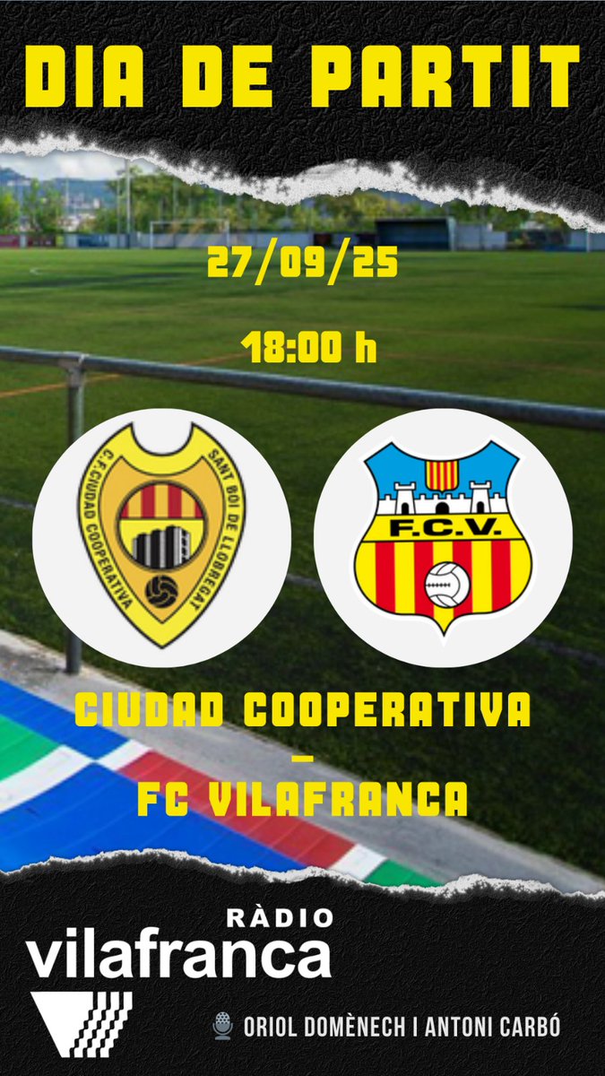 ⚽AVUI, FUTBOL EN DIRECTE

Segona jornada de #LligaElit, amb el Vilafranca buscant els primers punts de la temporada.

Ciudad Cooperativa 🆚 <a href="/FCVilafranca/">FC Vilafranca</a> 
⏰18:00h
🎙️ <a href="/Orioldomenech_/">Oriol Domènech Martí</a> i <a href="/acoasensio/">ANTONIO CARBO</a>
