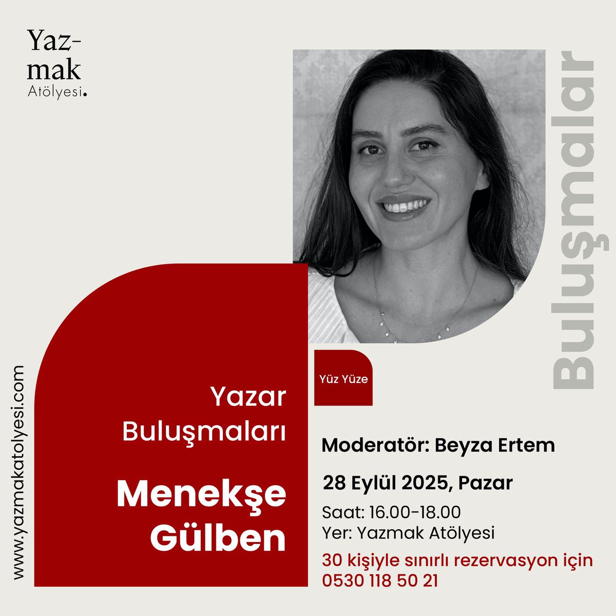 Yazmak Atölyesi Yazar Buluşmaları’nda Menekşe Gülben yarın saat 16.0’da bizlerle. 

Gülben’in yeni kitabı “Beygül Bir Erik Hikâyesi” üzerine gerçekleşecek söyleşinin moderatörlüğünde Beyza Ertem yer alıyor.

Kayıt için 0 530 118 50 21’e WhatsApp üzerinden ad soyadınızı iletiniz.