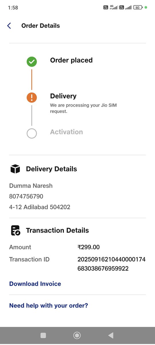 nareshdumma's tweet photo. @reliancejio I have placed an order for new jio sim on 16th September,2025.
But I did not receive the sim card yet.
Despite calling several times to the concerned persons, the issue is not resolved.
Here is my order number NO000156AVNT.
Kindly resolve the issue at the earliest 🙏 https://t.co/w65hvlQliq
