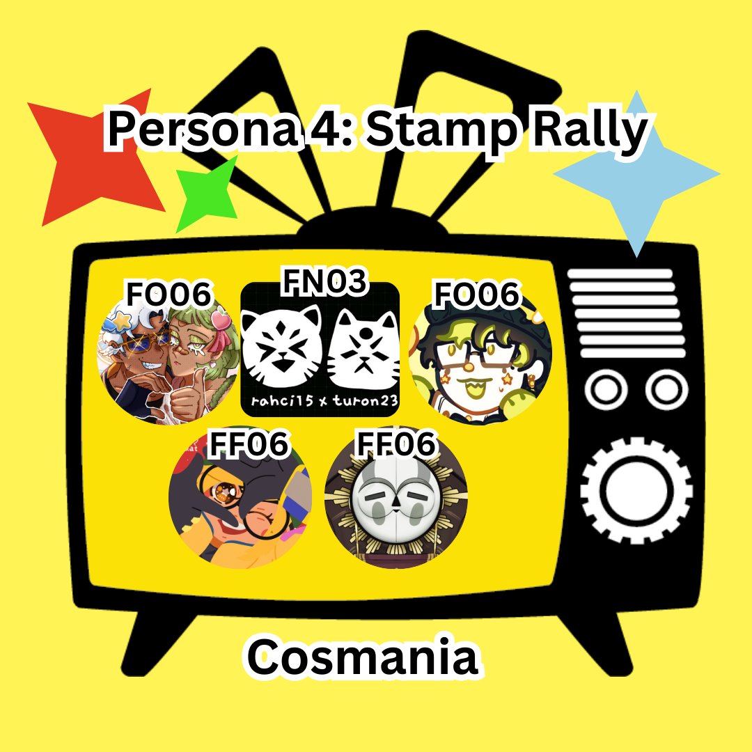 hiyunnie's tweet photo. Here's our fan organized Persona 4–themed Stamp Rally this Cosmania! 

Participating Artists:
@guhitNITuron23 
@circuspasta  
@noirkat  
@starpeachstudio 

#cosmania2025 https://t.co/z59jjouMou