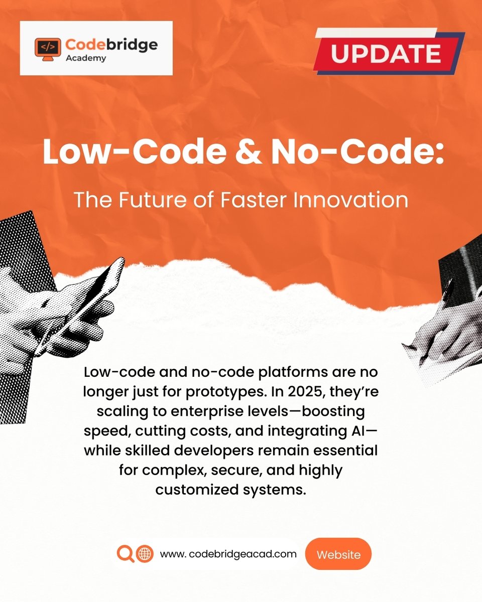 CodeBridgeAca's tweet image. Faster builds. Smarter innovation. Stronger impact. 
Low-code &amp;amp; no-code aren’t just for prototypes anymore , they’re powering enterprise solutions in 2025.
Upskill with CodeBridge Academy and stay ahead of the curve.
#CodeBridgeAcademy #LowCode #NoCode #FutureTech