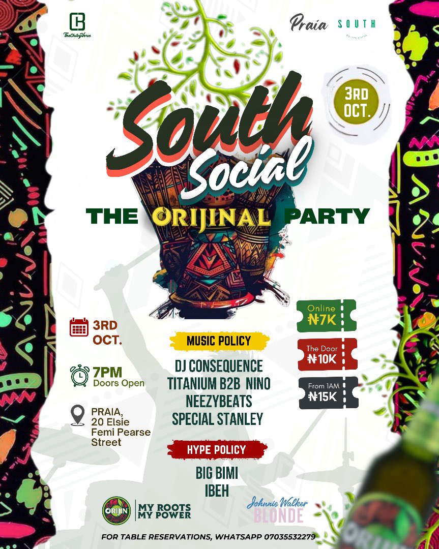 This Independence, we’re going back to our roots with a twist!

Join us for South Socials: The Orijinal Party on Friday, October 3rd 🥳

Music: <a href="/djconsequence/">DJ Consequence</a> | <a href="/whoistitanium/">No Titanium No Party</a> B2B <a href="/boy_niino/">eninomeh</a> | <a href="/iam_neezy/">Ade👑</a> | <a href="/SpecialSTANLEY_/">Special</a> 
Hypemen: Big Bimi | <a href="/DavidEbukae/">IBEH</a>