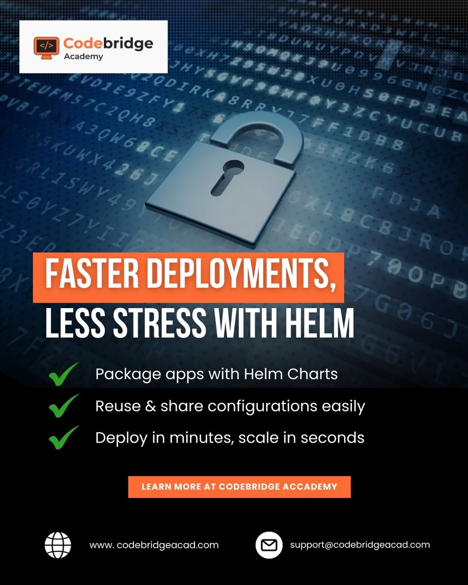 CodeBridgeAca's tweet image. From complexity to clarity — Helm your way through Kubernetes. 
Faster deployments
Reusable configs
Scale in seconds 
Build real DevOps skills at CodeBridge Academy.
#CodeBridgeAcademy #Kubernetes #Helm #DevOpsTools #CloudSkills