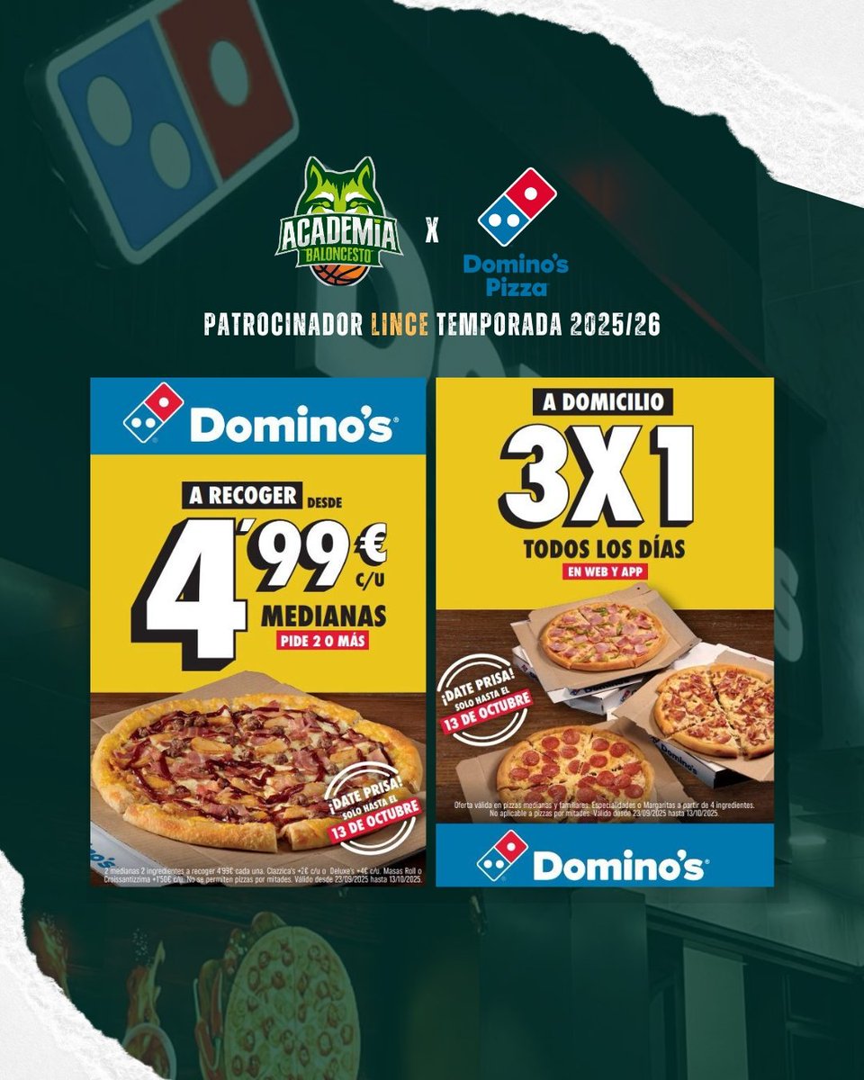 ¡Nuestros amigos de <a href="/DominosPizza_ES/">Domino's Pizza España</a> tienen activas estas dos promociones para los amantes de la pizza!🍕

Echa un vistazo a las ofertas y elige tus pizzas favoritas

¡Gracias por apoyar el proyecto de los Linces!🐺💚
