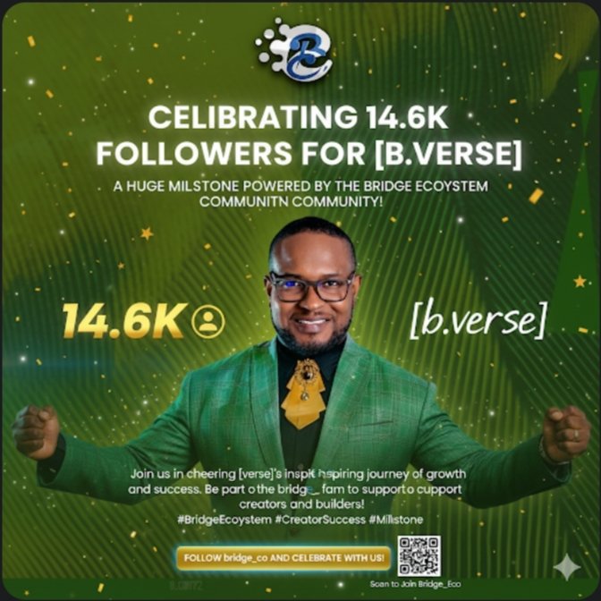 Bridge_EC0's tweet photo. Wow, what a fantastic milestone!
Hi, @Bridge_EC0
Join us in celebrating @B_Versee reaching 14.6K followers, family!
Because of our assistance,
His journeys inspire us.
Join us in celebrating his development and wins!
#CreatorSuccess #BECS #BridgeEcosystem https://t.co/Z7qjjj5PkN