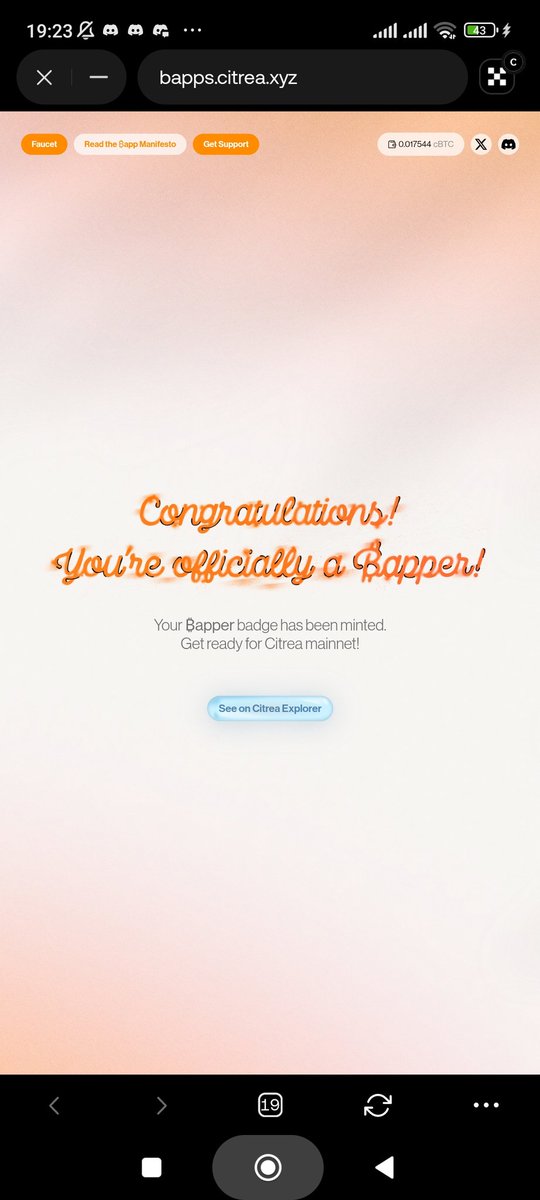 thorirahman's tweet image. Finally!!! 🍊🍑🍊✅
🎉 Just scored my Bapper badge on Citrea.xyz - officially part of the crew! 🚀 Hyped for the Citrea mainnet🍊 launch!
-@citrea_xyz
-@CitreaOrigins
-@crest_btc
- @SatsumaDEX
- @nectraxyz 
- @gardenfi
- @dzap_io
 #Bapper #Citrea #BitcoinFuture