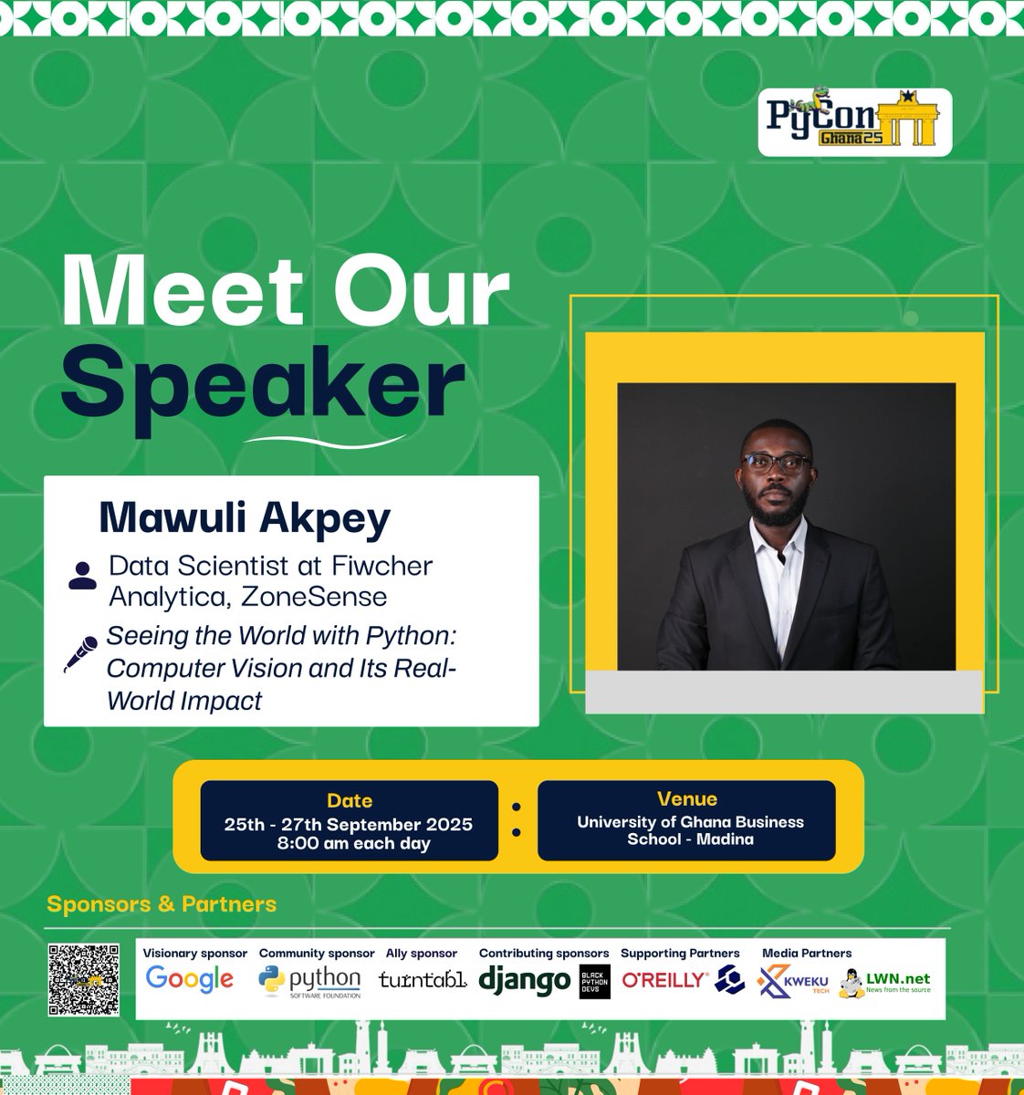 PyconGhana's tweet image. Live now in the Kumasi Room 🎥
Mawuli Akpey takes us on a journey with “Seeing the World with Python: Computer Vision and Its Real-World Impact” 👁️💻
Exploring how Python helps machines see, understand, and change the world 🌍✨
#PyConGhana2025 #PythonForGood #Python