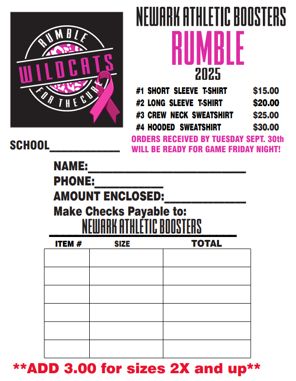This Friday night will be our annual Breast Cancer Awareness Football game. We ask fans to wear pink to the game to honor those touched by breast cancer! Rumble for the Cure t-shirts and order forms will be available in the school store, with some availability at the game.