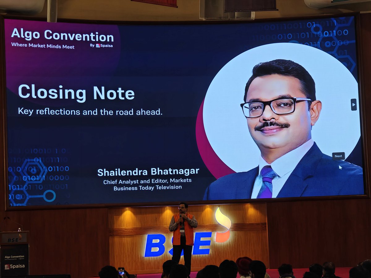As we draw this wonderful day — full of insights and innovation — to a close, we have <a href="/shail_bhatnagar/">Shail Bhatnagar</a> — Chief Analyst &amp; Editor Markets at <a href="/business_today/">Business Today</a> delivering an inspiring closing note for #5paisaAlgoConvention at <a href="/BSEIndia/">BSE India</a>! 🔥🚀
