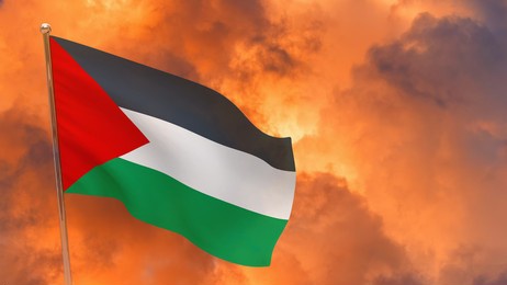 Xi Jinping waving, wearing a dark suit and red tie, standing in front of a Chinese flag with a yellow hammer and sickle. A Palestinian flag waving against a dramatic orange and cloudy sky.