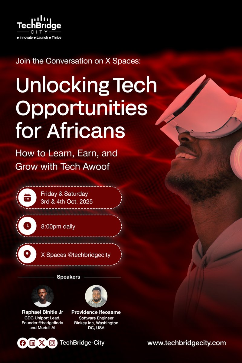 techbridgecity's tweet image. Africa doesn’t lack talent. We lack access.
Join us Oct 3rd–4th, 8PM on X Spaces: Unlocking Tech Opportunities for Africans 
Speakers: @badgepfinda + Providence Ifeosame
Register here to stay updated: bit.ly/46YtUxd
#TechAwoof #AfricaTech #TechTips