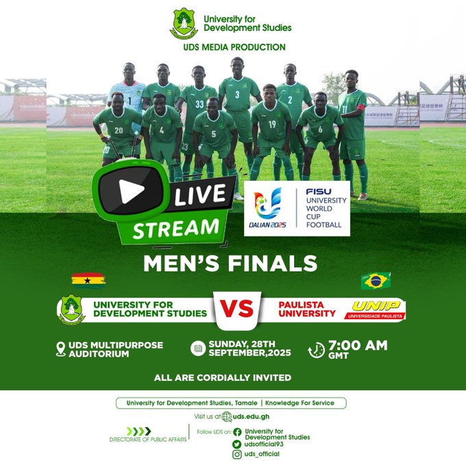 A group of male football players in green uniforms with numbers on their jerseys, standing on a grassy field. The text overlay includes "LIVE STREAM," "MEN\'S FINALS," "UDS Development Studies vs Paulista University," "Sun, Sept 28, 2025," "7:00 AM GMT," and "UDS Multipurpose Auditorium." Logos for University for Development Studies and Paulista University are visible.