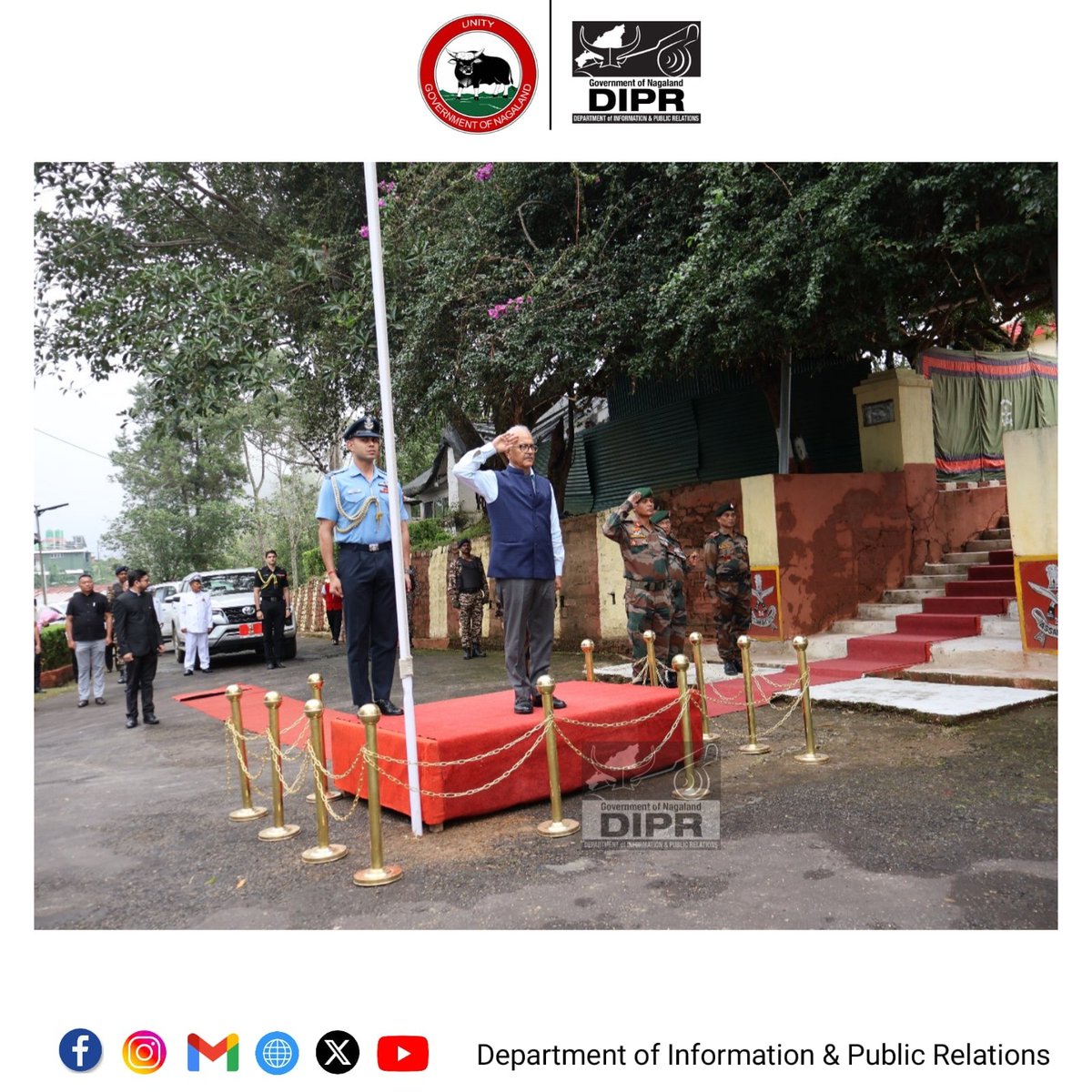 : Governor of Nagaland, Ajay Kumar Balla taking the guard of honour at the Assam Rifles Camp,  on arrival at Wokha on 27th September 2025 .