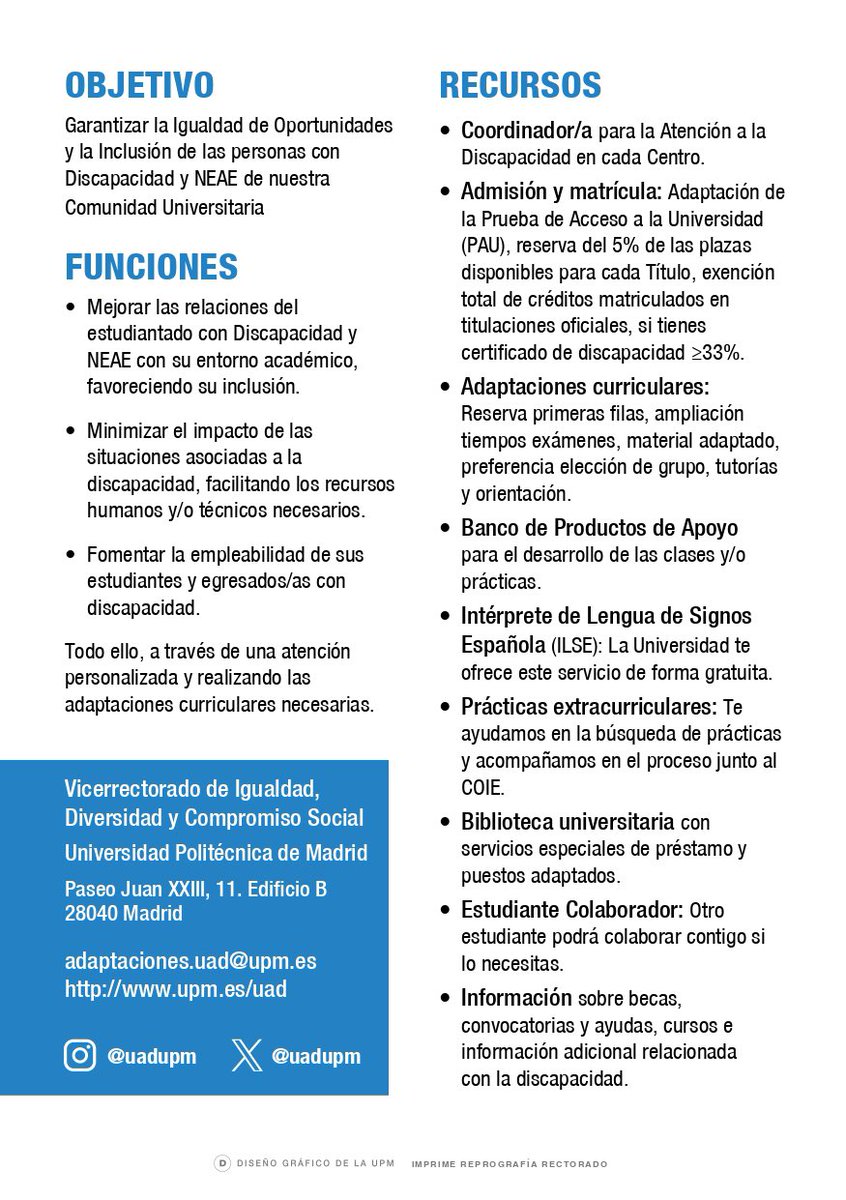 📣 Nuevo folleto “Por una Universidad accesible e inclusiva”. 

Descubre recursos y apoyos para estudiantes con discapacidad y NEAE: adaptaciones, intérpretes, becas, prácticas, orientación ¡y mucho más! 

👉 Vicerrectorado de Igualdad, Diversidad y Compromiso Social <a href="/La_UPM/">Universidad Politécnica de Madrid</a> 🌍