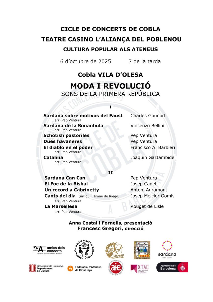 Dilluns 6 d’octubre participem al Cicle de Cobla de <a href="/ACFBarcelona/">ACFBarcelona</a> al Teatre Casino de l’Aliança del Poblenou. En l’Any Pep Ventura sentireu les seves sardanes de moda 🕺🏻descobrireu qui era Cabrinetty 😲 què va passar el 6 d’octubre de 1869 a la Bisbal 🎇 i tocarem La Masellesa🔥