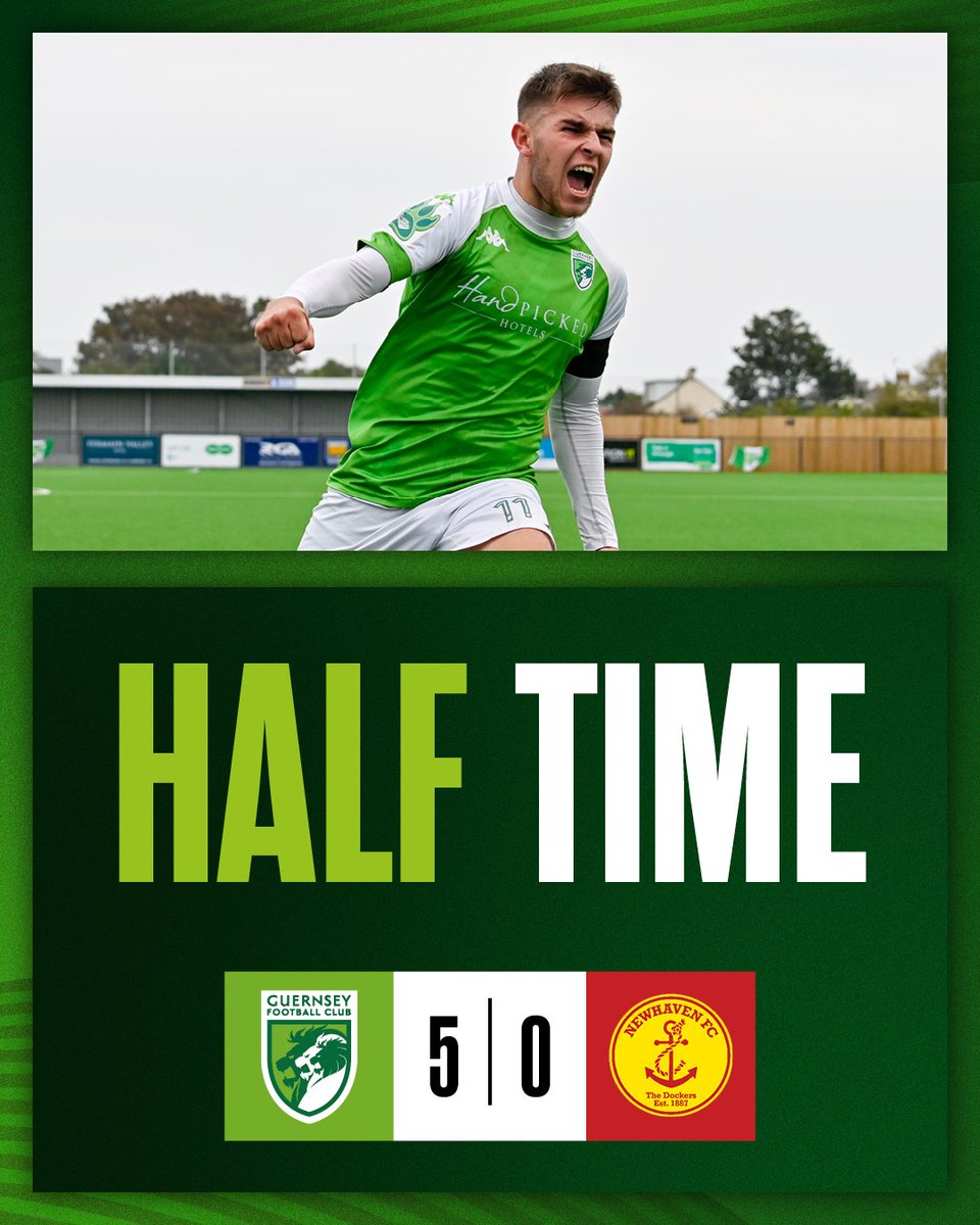 GuernseyFC's tweet image. 45+3&apos; | Half time at Victoria Park, and goals from Le Lacheur, Murray, Wallace, Allen and Vance give the Green Lions a five-goal lead over Newhaven!

🦁 5-0 🔴