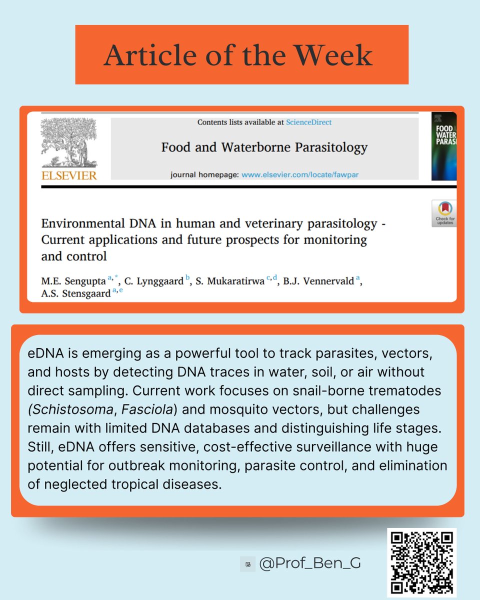 Prof_Ben_G's tweet image. Article of the Week 
Environmental DNA (eDNA) lets us detect parasites, vectors &amp;amp; hosts from water/soil/air, no need to capture them.
It’s the weekend, sit back, relax, take a drink, and enjoy the full article.
doi.org/10.1016/j.fawp…

#ParasiteWatch #eDNA #GlobalHealth