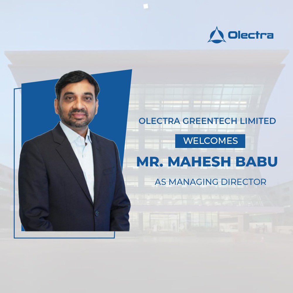 OlectraEbus's tweet image. We are delighted to welcome Mr. Mahesh Babu as Managing Director

#WelcomeAboard #Leadership #NewBeginnings #OlectraGreentech