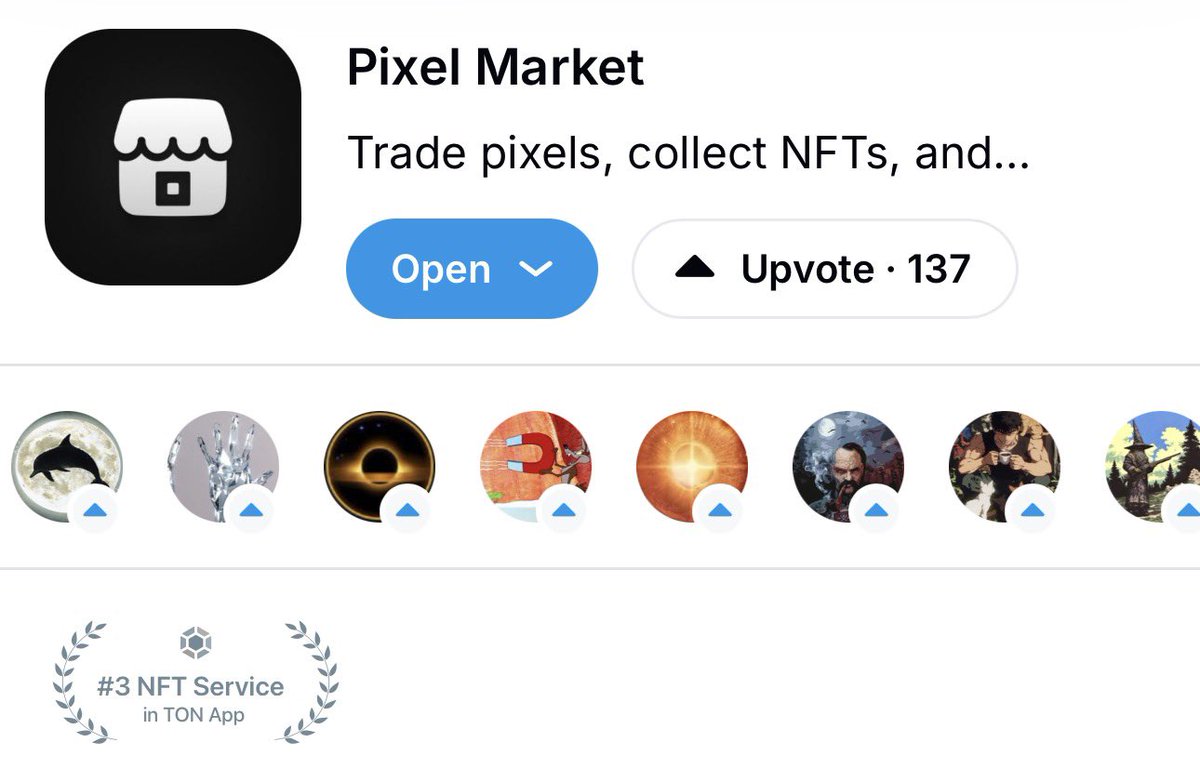 Pixel Market just hit #3 NFT Service in TON App and snagged #1 by your votes! 

In just a single day we climbed straight to the top spot by community love 🖤

Big thanks to all of you – we’re only getting started and the ride’s about to get even smoother 

ton.app/nftservices/pi…