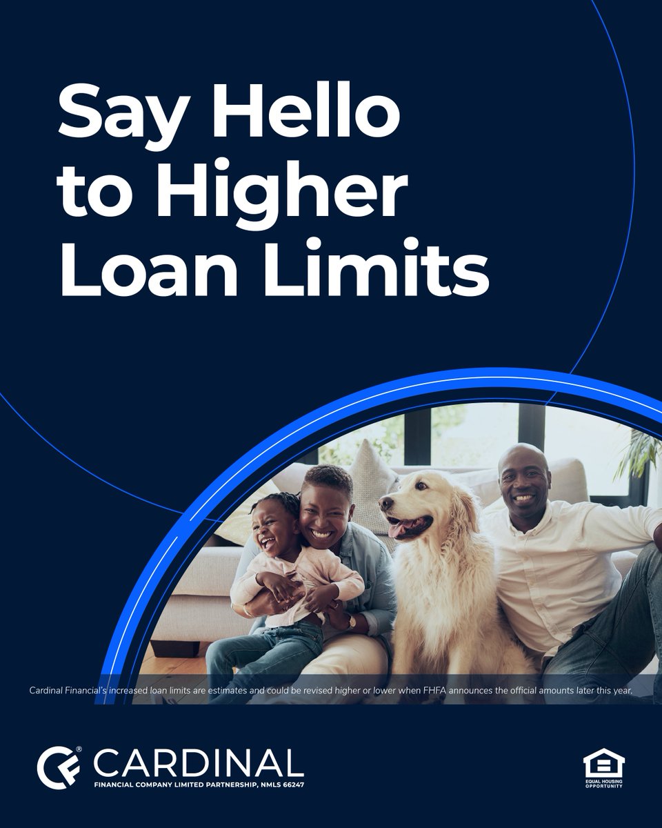🚨Just In: More power to reach your homeownership goals.💪

At Cardinal Financial®, we just increased our conforming loan limits to $819,000. That means that starting now, you could have even more homeownership possibilities than before. Reach out to see what’s possible.🙌