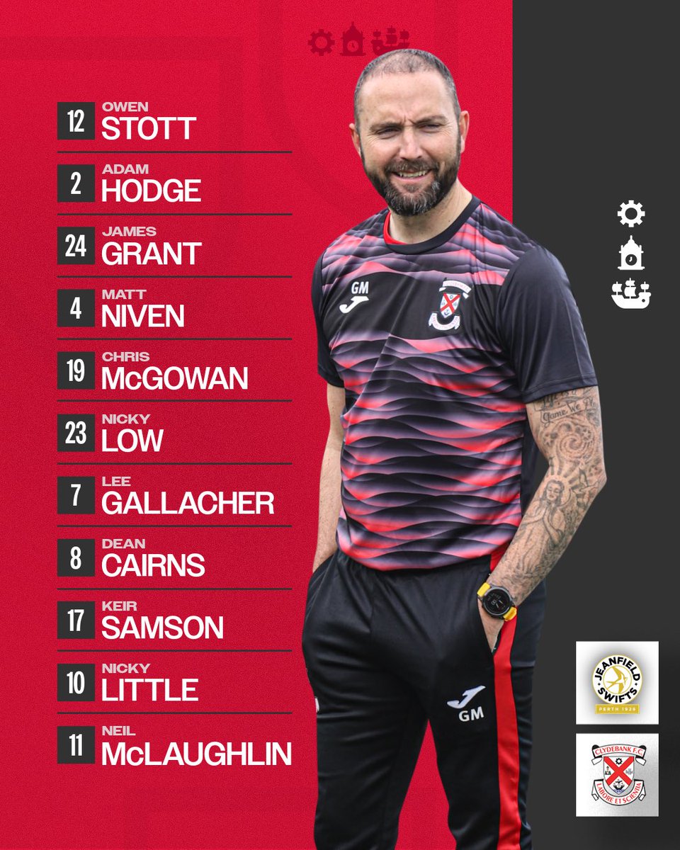 📋 Your Clydebank team to face Jeanfield Swifts. 

Subs: Clarke, Carey, Johnstone, Mulcahy, Collins, McHugh, Truesdale, Black, Syme.
