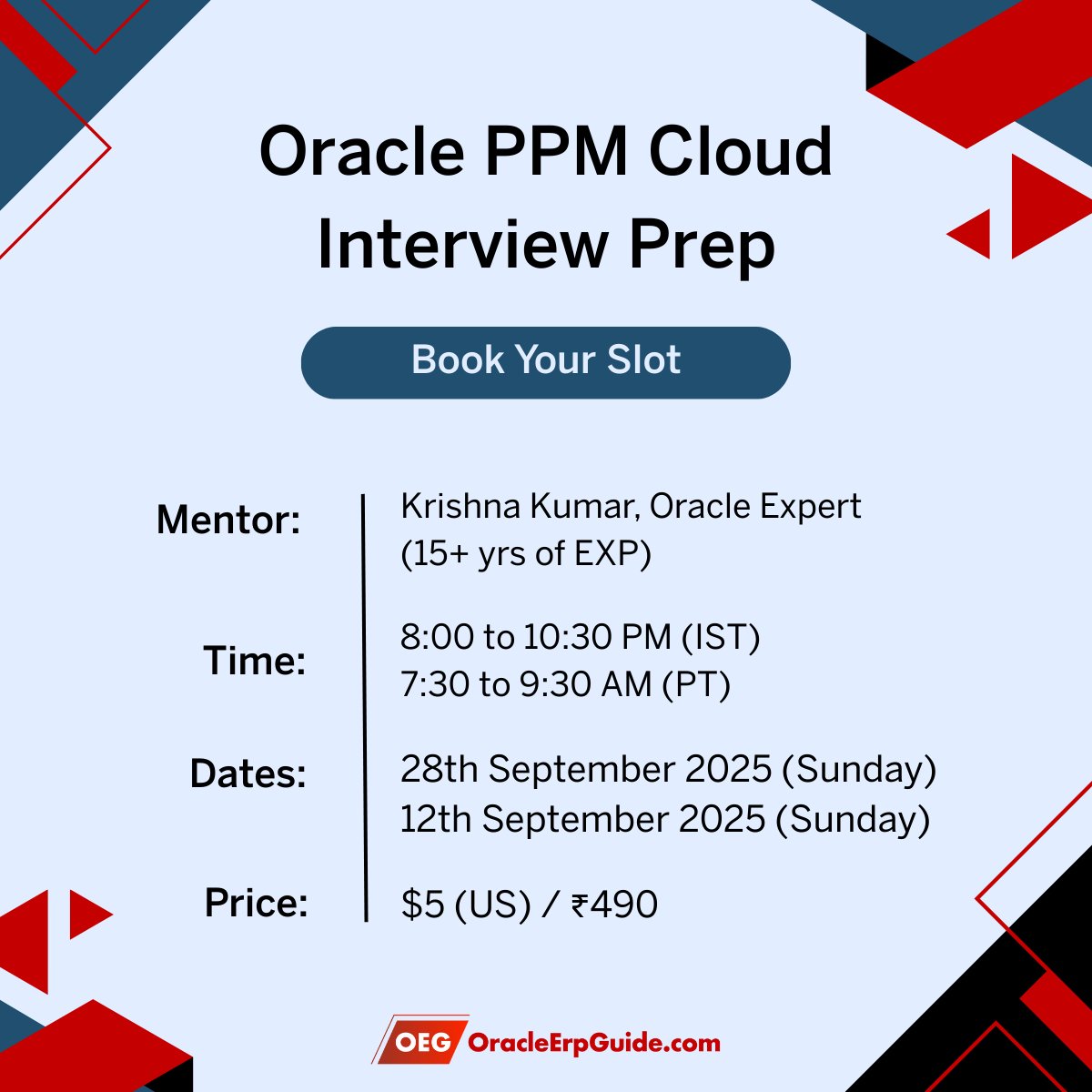 tanmayvaze's tweet image. 📢 Don’t miss our Oracle PPM Cloud Interview Prep Webinar!

🗓 Sep 28 2025 &amp;amp; Oct 12 2025
⏰ 8–10:30 PM IST
Trainer: Krishna Kumar (15+ yrs exp)

Free for OEG One Members!

Click to register : portal.oracleerpguide.com/product/interv…

#OracleCareers #OraclePPM #Oracle #Webinar