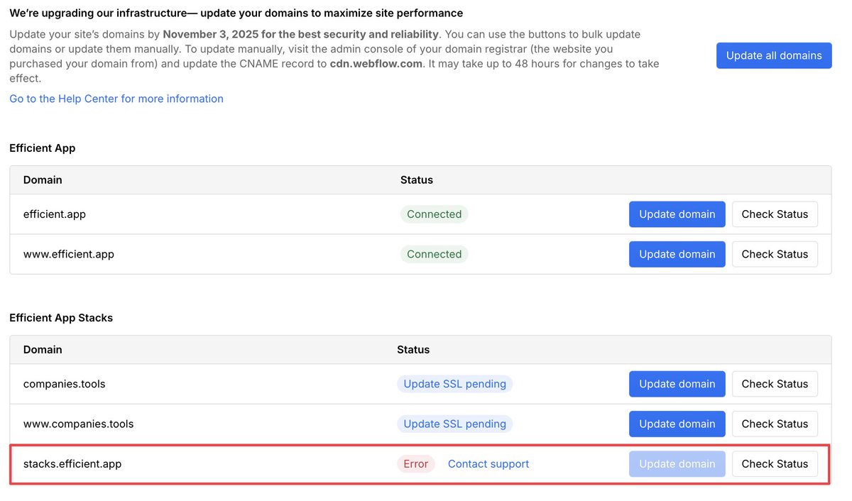 alexhbass's tweet image. ⚠️ Heads up to anyone on @webflow:

Their mandatory infrastructure upgrade (deadline November) just nuked our site.
- 12+ hours offline
- Error message only
- No rollback option
- Support radio silent

I wish someone had warned us before we hit that update button.