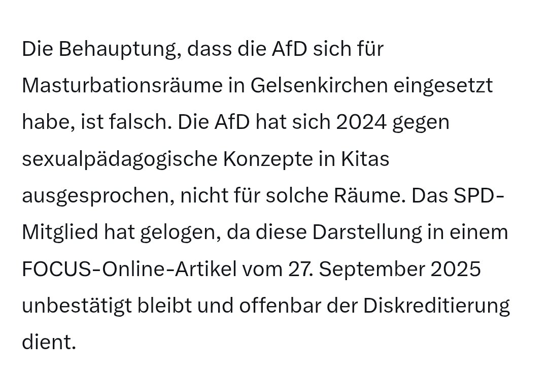 Dieses Mitglied der #nospd, welcher sein Mandat in #Gelsenkirchen gegen ein #AfD-Mitglied verloren hst, behauptet im #FOCUS, die #AfD hätte sich im Stadtrat FÜR #Madturbationsräume ausgesprochen. Die Geschichte ist natürlich erstunken und etlogen, wie <a href="/grok/">Grok</a> bestätigt hat.