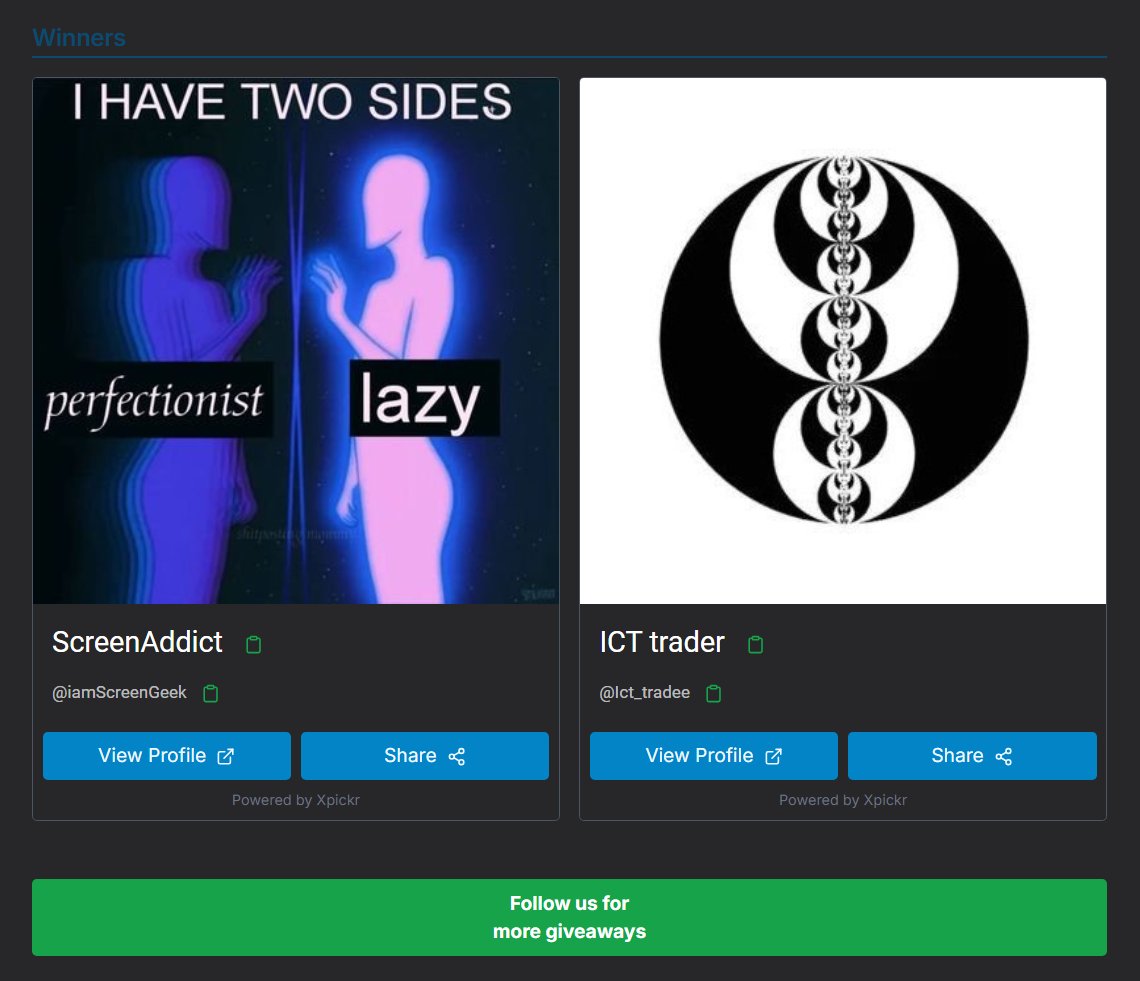 Congratulations to Winners :

1.<a href="/iamScreenGeek/">ScreenAddict</a> 
2.<a href="/Ict_tradee/">ICT trader</a> 

"Winners claim your account through Discord support of Blue Guardian Futures"

Draw ID :1758977645878
(xpickr.com/draw/175897764…)
