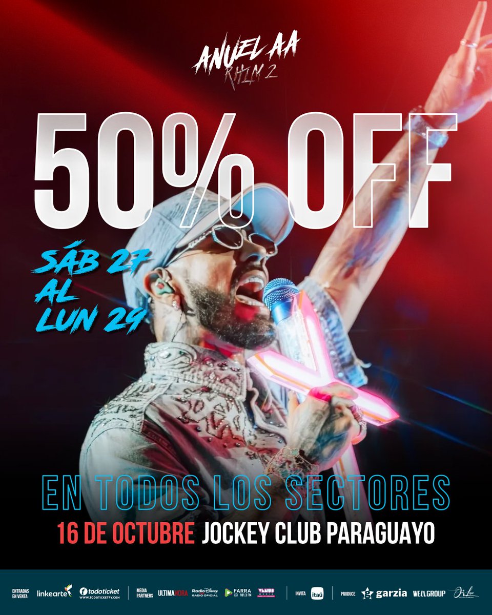 🇵🇾 ATENCIÓN PARAGUAY 🇵🇾
🔥 ¡YA PODÉS COMPRAR TU ENTRADA! 🔥
Aprovechá el 50% de descuento en todos los sectores solo por este fin de semana largo.

📅 Promo válida hasta el lunes 29 de septiembre
📍 Anuel AA – Real Hasta la Muerte 2 Tour
📍 Jueves 16 de octubre – Jockey Club